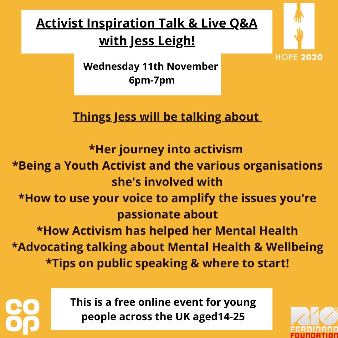 Youth Activist <a href="/jessjleigh/">Jess Leigh she/her</a> is doing our next Activist Inspiration Talk, Weds 11th Nov 6pm-7pm. FREE online event sign up now eventbrite.co.uk/e/activist-ins… Jess has worked with <a href="/OurStreetsNow/">Our Streets Now</a> <a href="/YouthMHMatters/">YMHM</a> <a href="/PlanUK/">Plan International UK</a> <a href="/YoungMindsUK/">YoungMinds</a> <a href="/YouthParliament/">Youth Parliament</a> <a href="/BYC_tweets/">BritishYouthCouncil</a> @YouthFocusNW <a href="/YouthforiaNW/">Youthforia</a>
