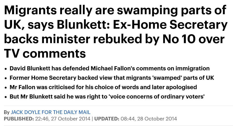 4) 12 years later, sounding the foghorn again when a Tory politician uses the same language, backing Michael Fallon up with a column in the Daily Mail, no less, when David Cameron has already rebuked him for his comments