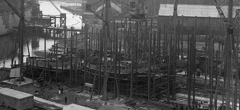STEAM TUG BRENT, was launched 75 years ago today!  Perhaps as many of six TID tugs can be seen in this photo of tugs on the ways at William Pickergill and Sons' yard, 1945. Maybe Brent is one of them!