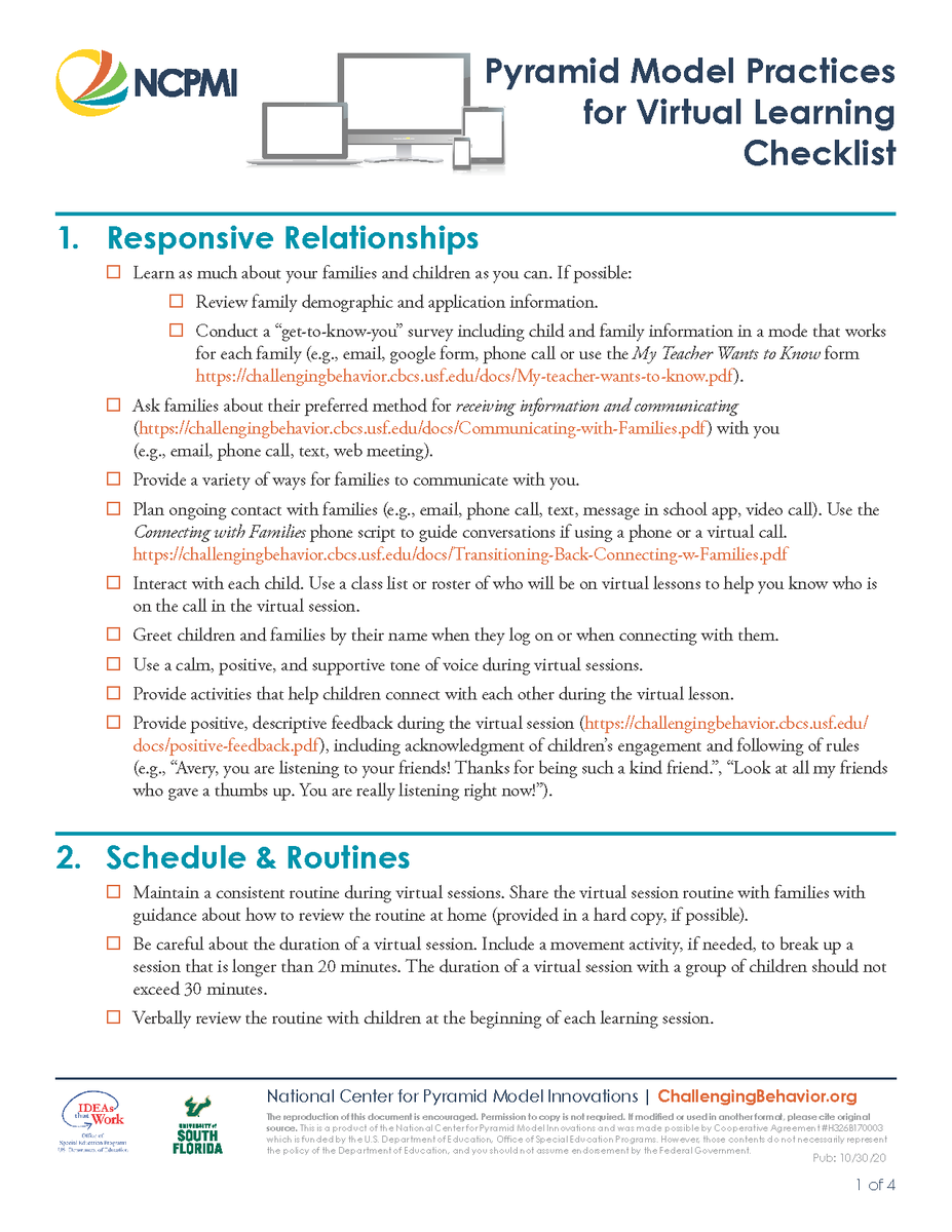 PyramidModel's tweet photo. New Resource!
#PyramidModel Practices for Virtual Learning Checklist!
This checklist provides teachers with guidance about using Pyramid Model practices within #VirtualLearning.
Download from our resource library: https://t.co/8VZkRkMPNI
#earlychildhood #prek #childcare https://t.co/wfn4YGeK8j