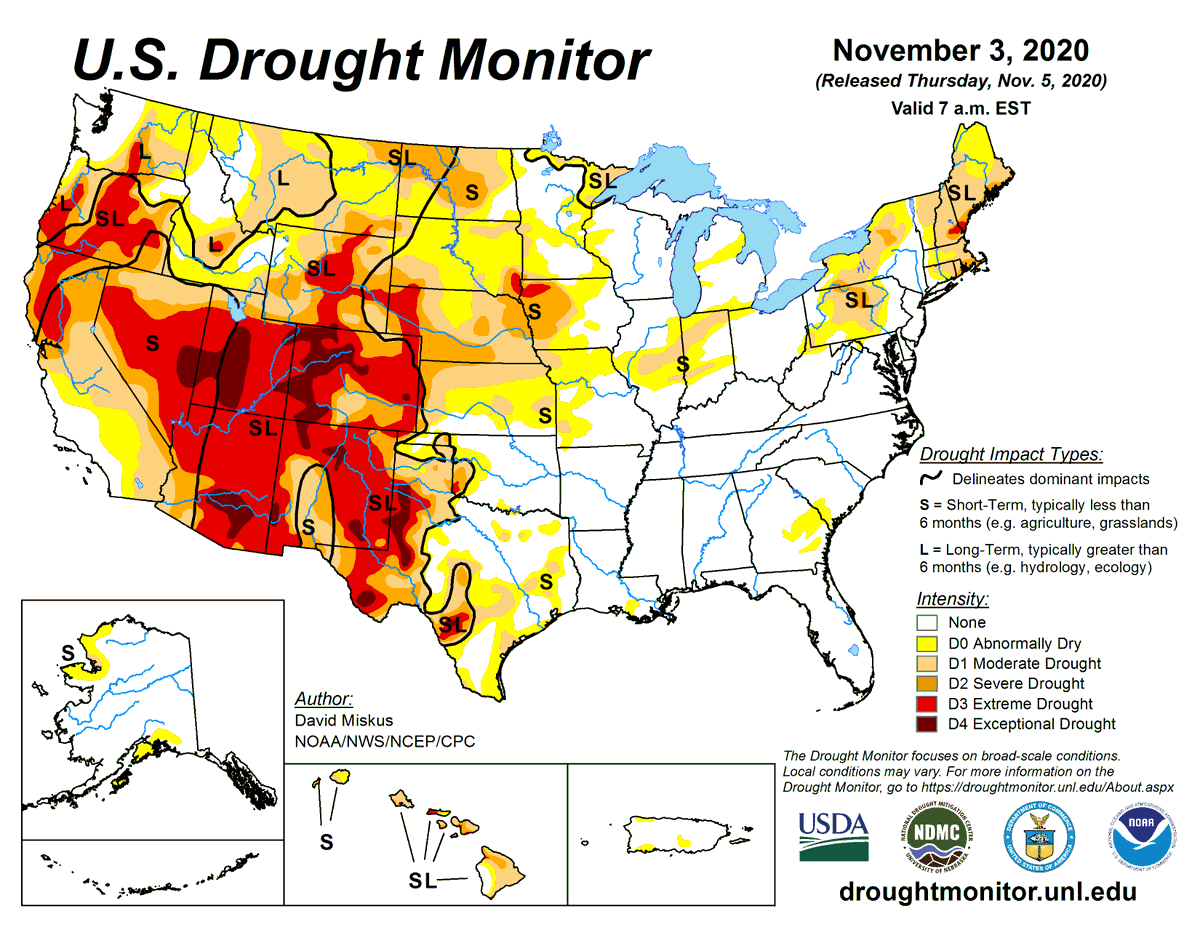 November 3 #DroughtMonitor: Moderate to exceptional drought covers 37.9% of the United States including Puerto Rico. Abnormal dryness and drought are currently affecting over 108 million people—about 34.9% of the population. drought.gov