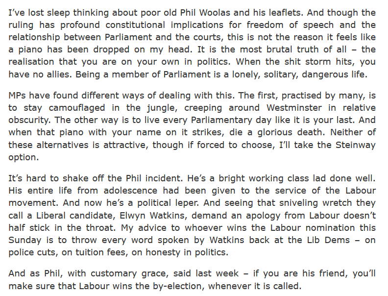 7) Tom Watson told us he had "lost sleep thinking about poor old Phil Woolas", a "bright working-class lad done well" who had responded with "customary grace" when he was sanctioned for being a racist liar. Was Watson suspended? Have a wild guess.