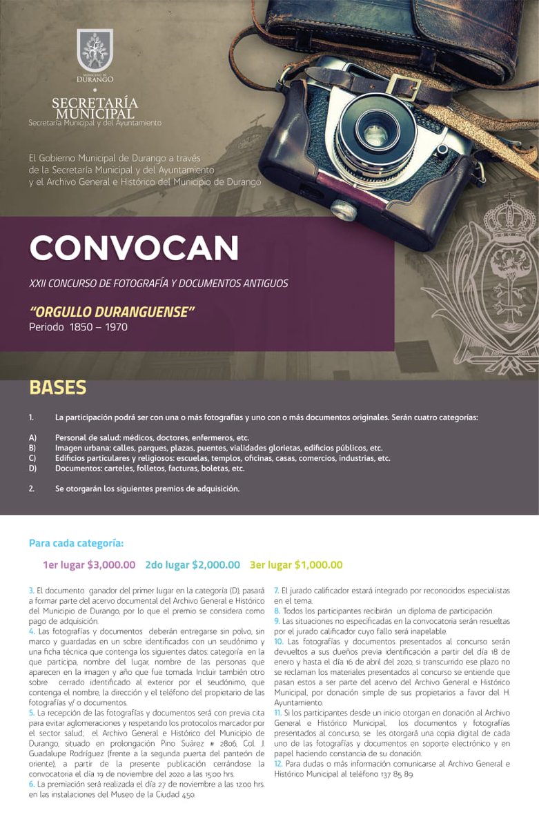 SriaAyuntamien1's tweet photo. Participa en el 

📸 XXII Concurso de Fotografía  y Documentos Antiguos
"Orgullo Duranguense".

Rubros:
- Salud 🩺
- Imagen Urbana🌇
- Edificios🕋
- Documentos📜

Recibiremos tus propuestas hasta el 19 de noviembre con previa cita al: ☎️ 137- 85- 89 https://t.co/ArK5qX66jA