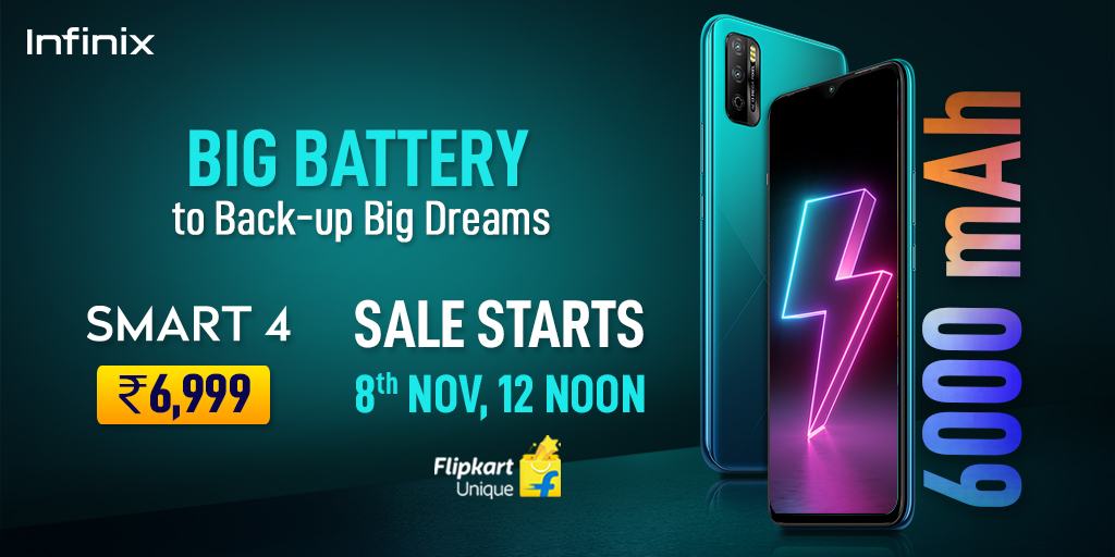 InfinixIndia's tweet photo. Uninterrupted online classes will be a child's play with the-all-new #InfinixSmart4 equipped with 6000mAh battery. Sale starts on 8th Nov, 12 Noon on Flipkart.
Check out on Flipkart:
https://t.co/7Pn0d0A8bN
#InfinixIndia
#AbRuknaNahi https://t.co/rfF2Ns608B