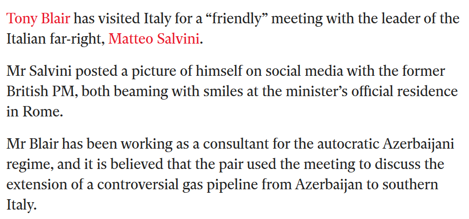 9) And another one from TB (you could fill an album with these)—meeting Italy's far-right leader Salvini for a "friendly" meeting, in his capacity as travelling salesman for another Central Asian dictatorship. Blair is still a member of the Labour Party in good standing.