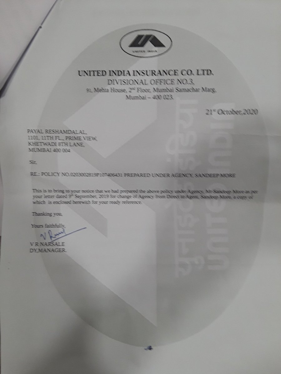 PayalReshamdala's tweet photo. Since many year's mediclaim policy at @UnitedIndiaInsu @UIIC_Ltd DO 3 mumbai without my consent unknown agent with my faulty signature earn brokerage.

Time to time draw attention by various letters - DO 3 Branch Manager, Grievance Manager, Vigilance officer No action till date https://t.co/ow9MrqPLzZ