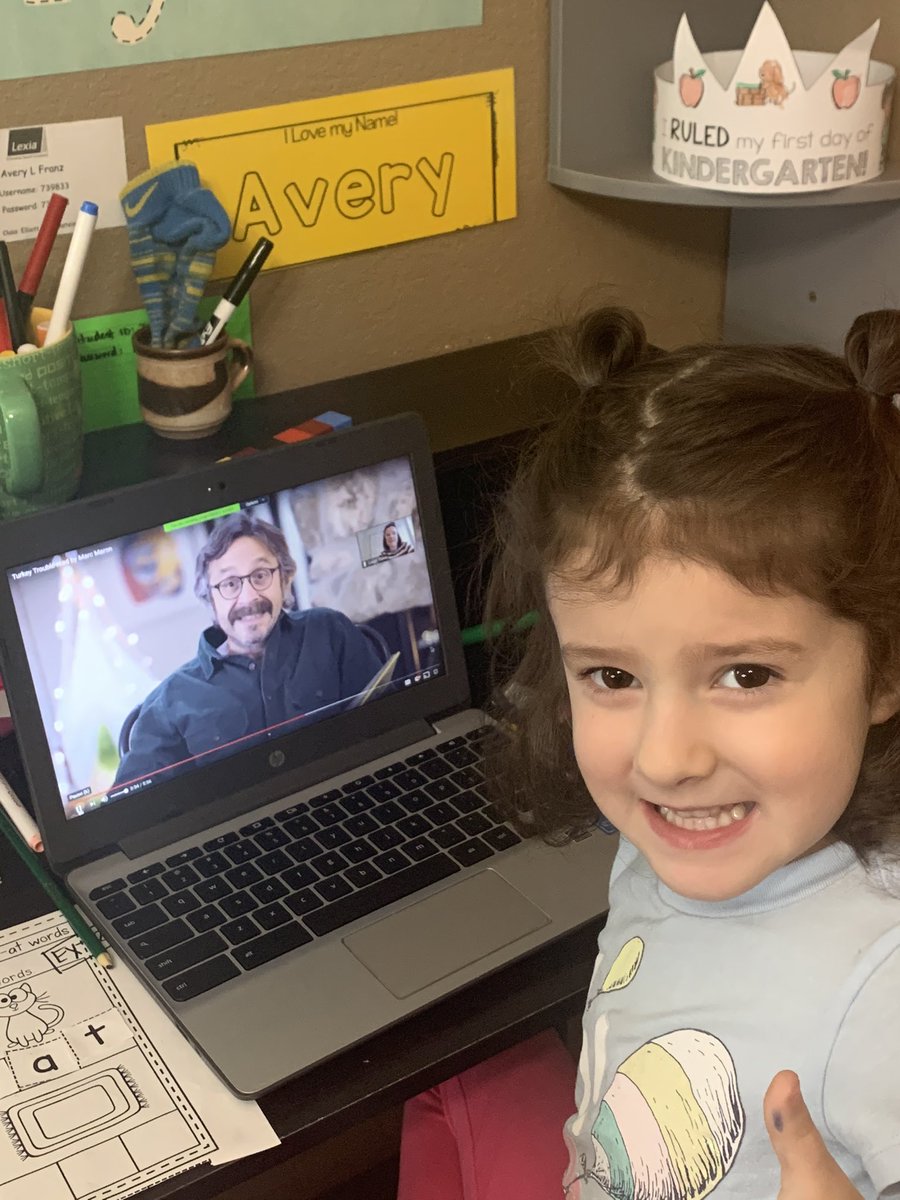 KFranz_'s tweet photo. Working from home today while helping my kindergartner with her distance learning and I heard a familiar voice reading a story to her @marcmaron! https://t.co/O98qTTmIeT