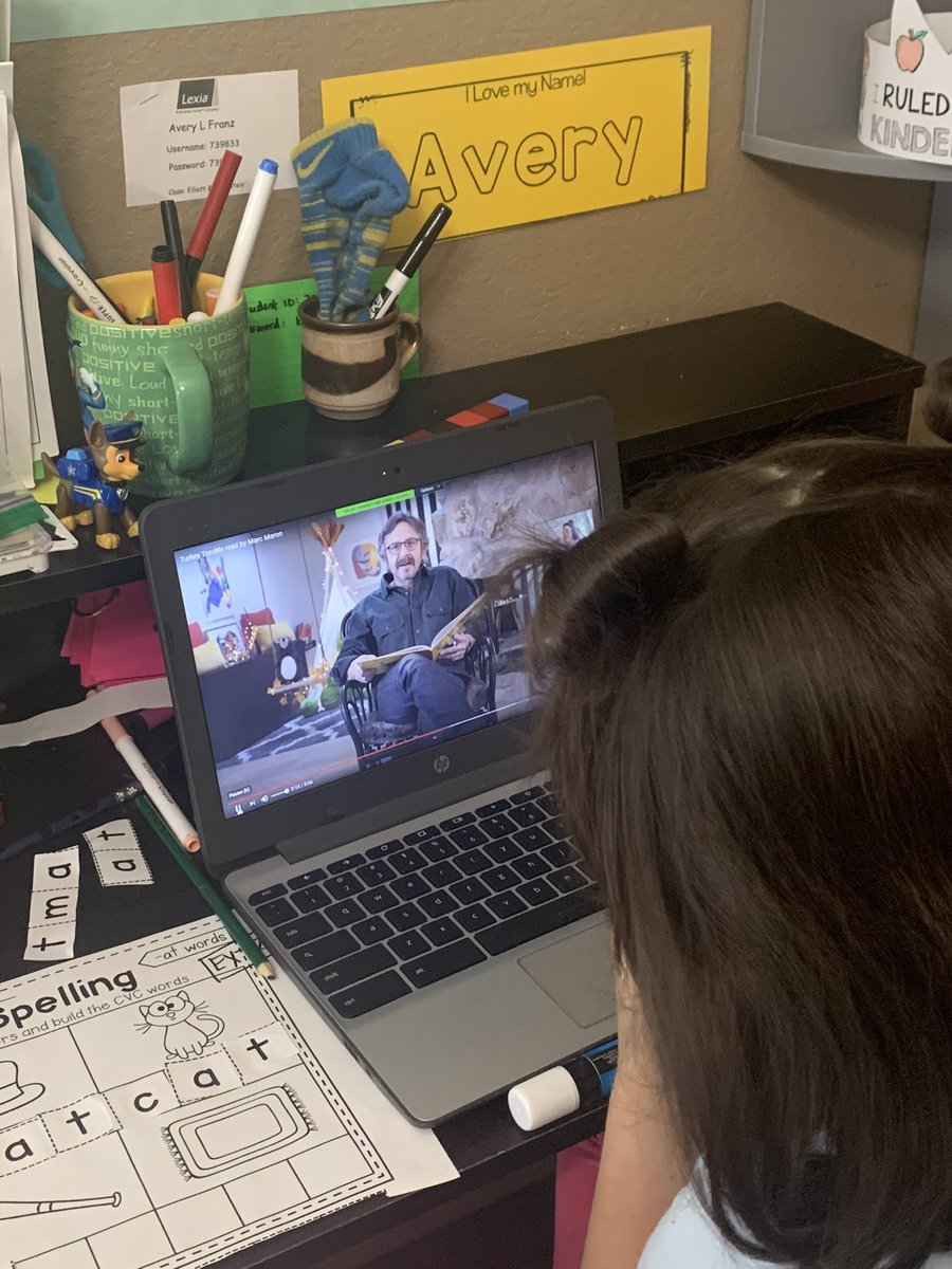 KFranz_'s tweet photo. Working from home today while helping my kindergartner with her distance learning and I heard a familiar voice reading a story to her @marcmaron! https://t.co/O98qTTmIeT