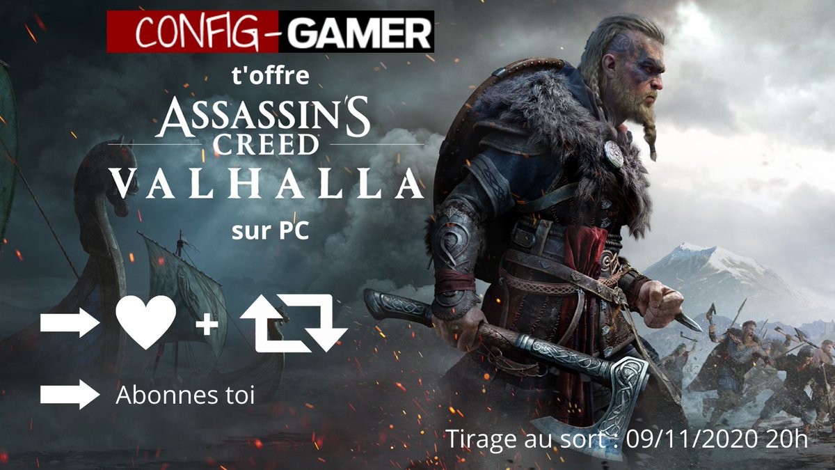 configgamer's tweet photo. #jeuconcours

Pour sa sortie le 10 novembre, gagnes ton jeu PC #AssassinCreedValhalla !

- RT + Like le post
- Abonnes toi

Tirage au sort le 09/11/2020 20h
Bonne chance ! 🍀

#jeuxvidéo #Ubisoft https://t.co/FEMb8iMK2s