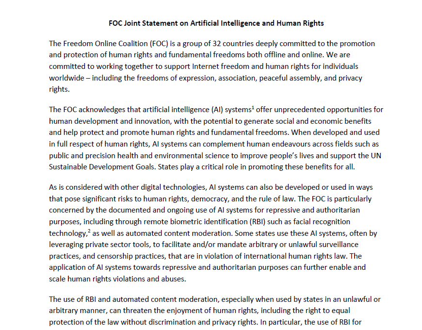 FO_Coalition's tweet photo. The #FOC has launched its joint statement on Artificial Intelligence and Human Rights, calling upon governments to oppose and refrain from the use of #AI systems for repressive and authoritarian purposes #HumanRights 

Read the full statement here: 
https://t.co/GyNfhbvmln https://t.co/Ap6akx9LCV