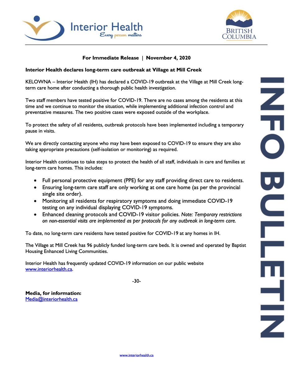 AshcroftVillage's tweet photo. Interior Health has declared a COVID-19 outbreak at the Village at Mill Creek long- term care home. Those who may have been exposed to COVID-19 are being contacted and asked to take appropriate precautions as required. https://t.co/wIPXMPfbLb