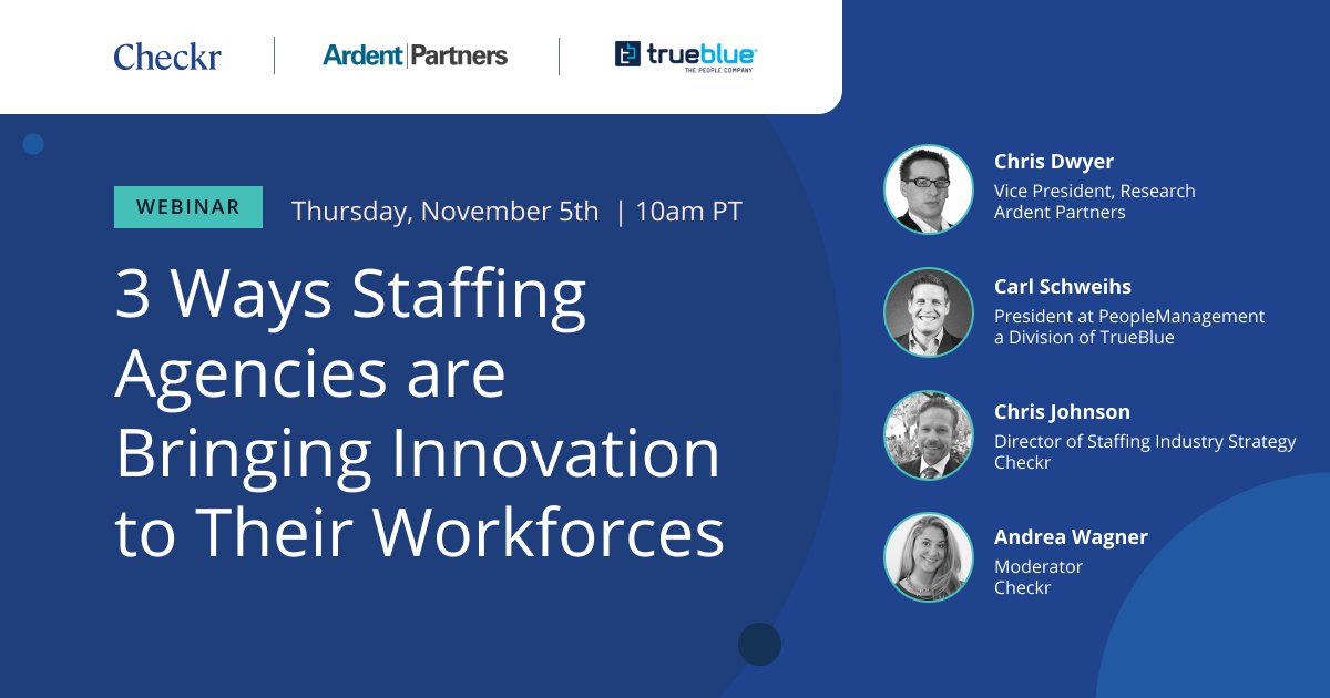Reminder: Join <a href="/checkr/">Checkr</a>, <a href="/TBStaffing/">TrueBlue Inc.</a>, &amp; <a href="/ardentpartners/">Ardent Partners</a> at 1pm ET on how #Staffing can boost #Innovation and help you develop a fully #AgileWorkforce: info.checkr.com/webinar/staffi… #ContingentWorkforce #FutureOfWork #HR #TalentAcquisition #GigEconomy #HRtech #Talent #WorkforceAgility