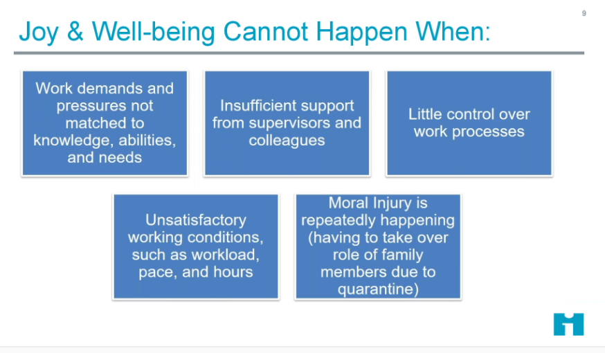 Joy & wellbeing cannot happen when:Work demands not matched to knowledge, abilities Insufficient support Little control over work processes Unsatisfactory work conditionsMoral injury #Quality2020