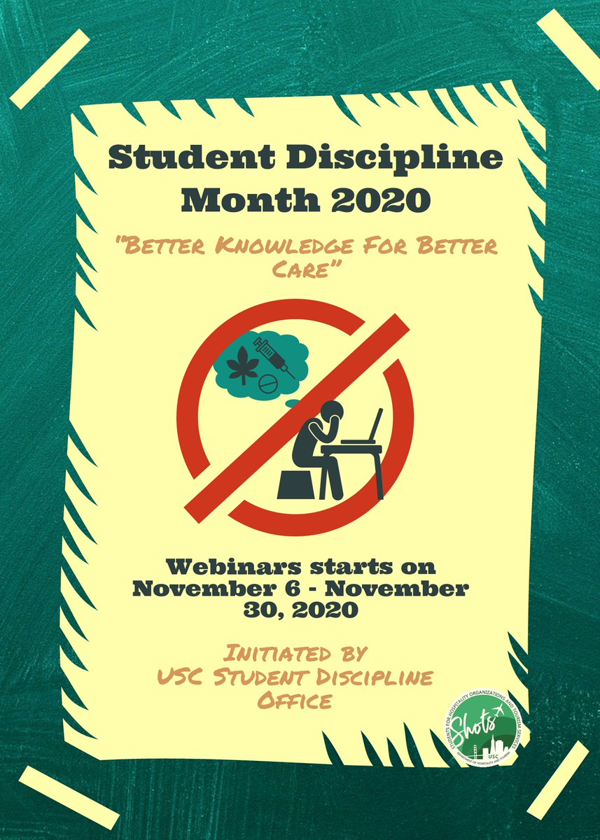 uscshots's tweet photo. Hey SHOTS!
In these times of crisis where anxiety &amp; depression are high let us take care of our health by joining to this upcoming webinars about student awareness to drugs &amp; addiction! 
For more details please visit our SHOTS FB Page.
 #StudentDisciplineMonth2020 https://t.co/Ra7VCodMhn