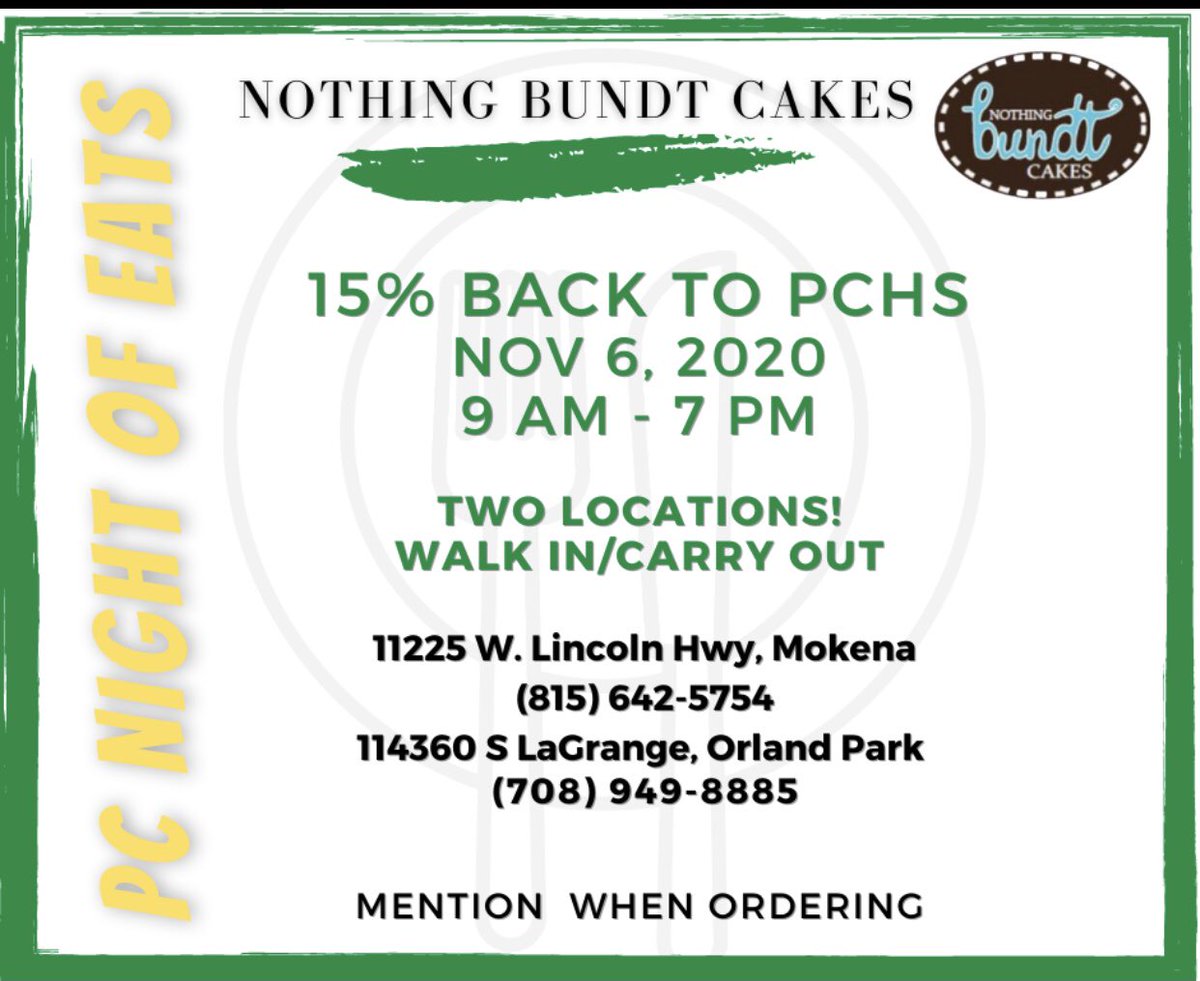 PCHSWomensClub's tweet photo. The way this week is going we could all use some cake! Nothing Bundt Cakes has two locations participating in our Night of Eats tomorrow. Stop in to pick up a sweet treat and raise money for PCHS!

https://t.co/CYLGZbY4ru https://t.co/9DbCPOURel