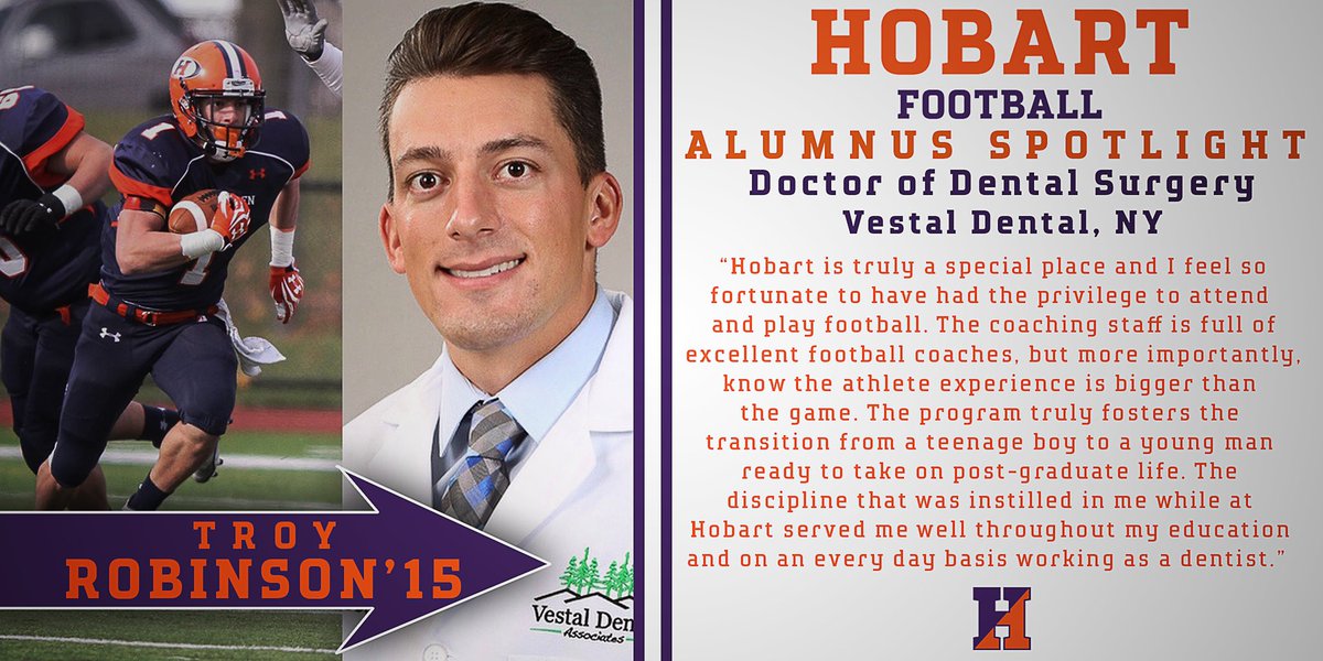 Hobart Football Alumni Series
Troy Robinson ‘15
WR
Johnson City HS, NY
Major: Chemistry
Minor: Biology
Captain
National Football Foundation’s Campbell Trophy Semifinalist
2X CoSIDA/Capital One Academic All-District
3X Liberty League All-Academic
Druid Honor Society
#TheHobartWay