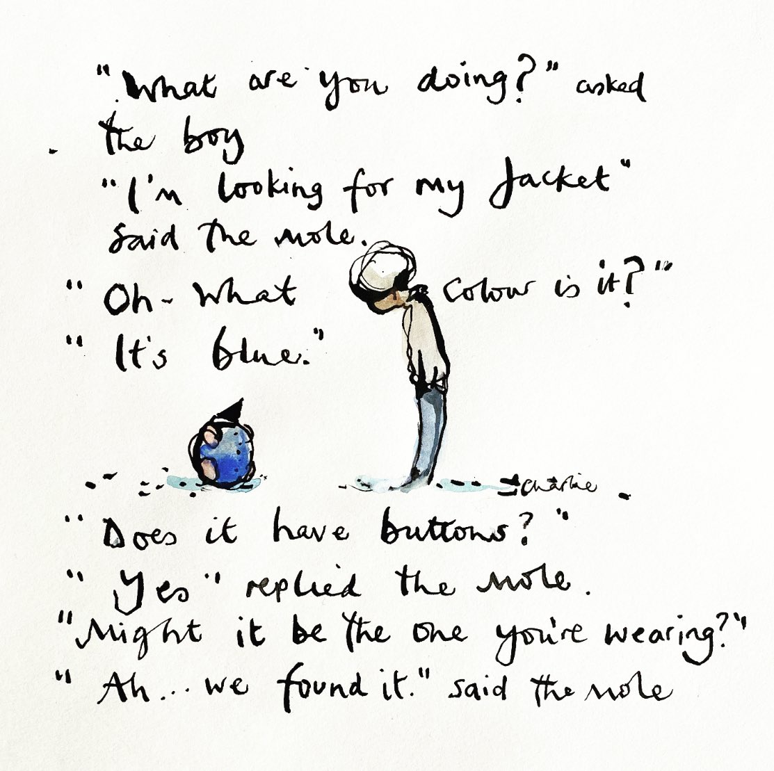 charliemackesy's tweet photo. I spent twenty minutes looking for my jumper until I realised I was wearing it, so I drew this. https://t.co/mr4NkcV3E5