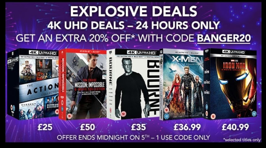 tvproduceruk's tweet photo. @UHD4k disc deal @Zoom_UK
20% off #4k box sets.
Today only.
@the4kCollectivE
@doblu
@UltraHDBluray
@bestbluraynews
@4K_Aficionado
@4kbluray4u
@LEGALBEAGLEOK (who'll already gave 'em all)
#NoComission https://t.co/pWdBHR5Fjr