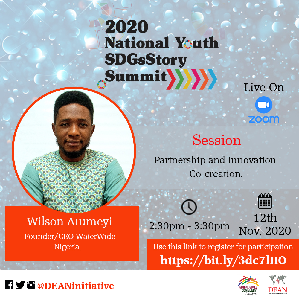 DEANinitiative's tweet photo. 7 Days to Go 
#2020SDGsStorySummit
Meet our Speakers

Partnership and innovation co-creation.

@Wils_Atumeyi  is the Founder of @WaterWideNg, a non-profit organization that tracks government spending for Water, Sanitation, and Hygiene for improved access in rural communities. https://t.co/a0klRmFr6Y