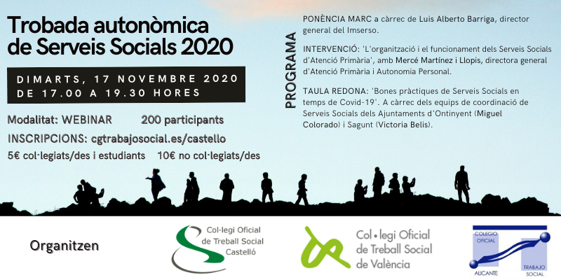 COTSAlacant's tweet photo. Los Colegios Oficiales de #TrabajoSocial de la #ComunitatValenciana @COTScastello @COTSvalencia  conjuntamente con @GVAinclusio hemos organizado el 1er Encuentro Autonómico Virtual de #ServiciosSociales del 2020.

📅 17 de noviembre
🕔 17:00h y 19:30h
📝 https://t.co/pFydpMGpbB https://t.co/Wsuvdi0U5q