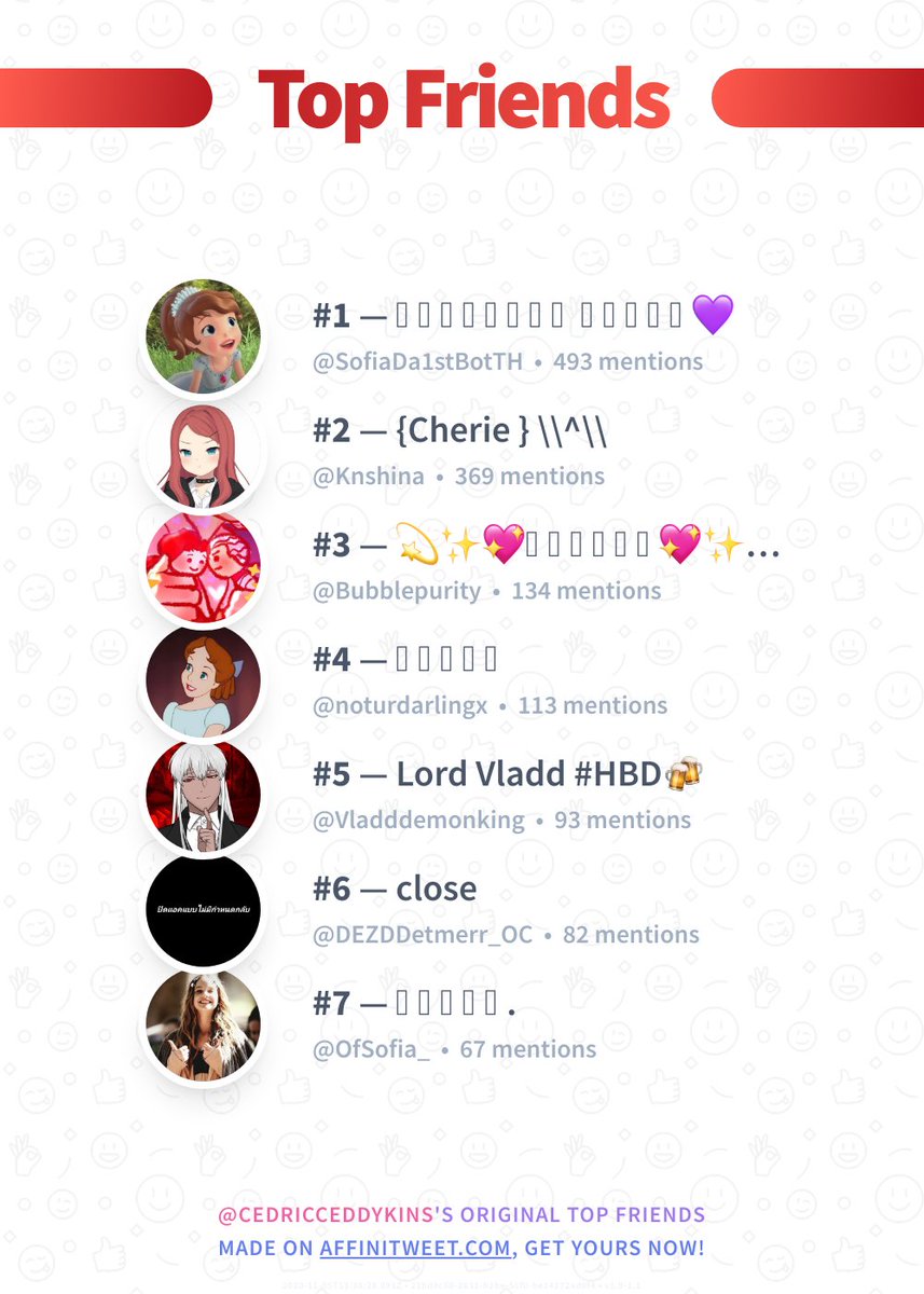 ✨ Top Friends

🥇 <a href="/SofiaDa1stBotTH/">𝒮𝑜𝒻𝒾𝒶 𝒯𝒽𝑒 𝐹𝒾𝓇𝓈𝓉💜</a>
🥈 <a href="/Knshina/">{Cherie } \\^\\</a>
🥉 <a href="/Bubblepurity/">💫✨💖ʙᴜʙʙʟᴇ💖✨💫 (Internship)</a>
🏅 <a href="/noturdarlingx/">𝐰𝐞𝐧𝐝𝐲</a>
🏅 @Vladddemonking
🏅 @DEZDDetmerr_OC
🏅 <a href="/OfSofia_/">𝑠𝑜𝑓𝑖𝑎.</a>

➡️ affinitweet.com/top-friends