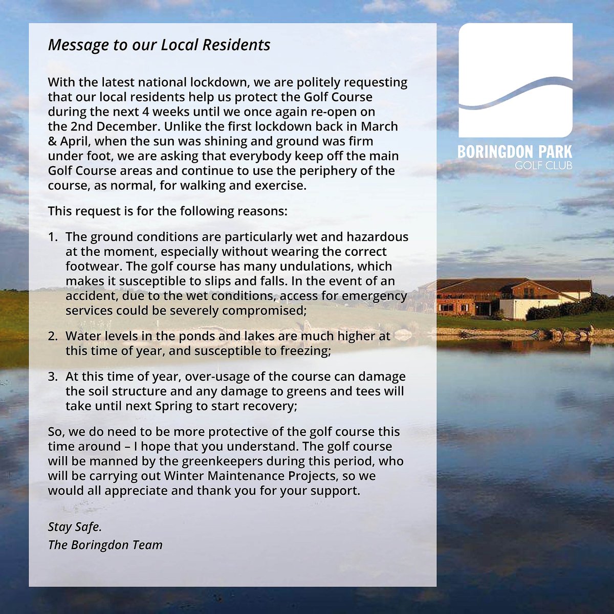 BoringdonParkGC's tweet photo. With another lockdown from today could our local residents and anyone wanting to walk around the golf course please read the guidelines. Stay safe and we hope to see you again soon. #boringdongolf https://t.co/Uj21gGgnLR