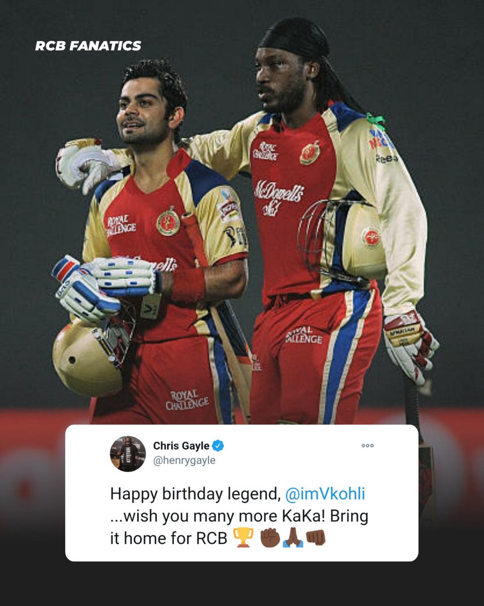 rcbfanatics's tweet photo. CG 🤝 RCB! 💯

The BOND never dies even if it's 2020! 🔥🙌🏻

#ViratKohli #ChrisGayle #IPL2020
#Dream11IPL #Twenty20 #RCB
#RoyalChallengersBangalore https://t.co/tQtIw4EOa0