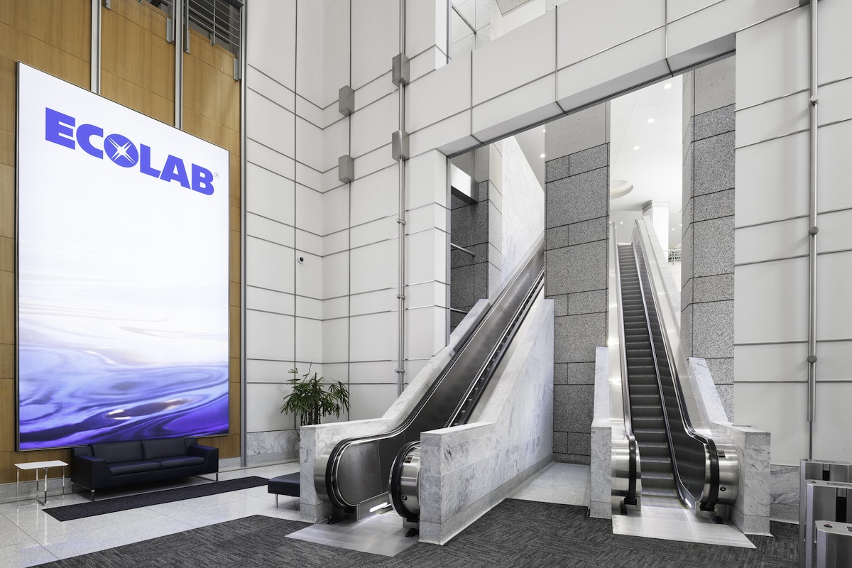 TKE_Global's tweet photo. Along with the installation of AGILE Destination Dispatch and MAX, our predictive maintenance solution, we modernized 12 elevators and 2 escalators at Ecolab’s headquarters in Minnesota! Read more: https://t.co/XpwQpycCWO #tkEmodernization #tkEMAX #tkEAGILE https://t.co/nNMrOAfXp0