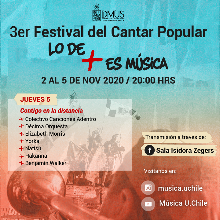 uchile's tweet photo. HOY a las 20:00hrs. culminará el 3er Festival del Cantar Popular de la Universidad de Chile, con invitados estelares como @elimorrischile, @yorkamusica, @Benjawalker, @hakanna_, @_natisu y más!
EN VIVO en: https://t.co/g3Z5UIvQMy
Más detalles: https://t.co/xbFnl9IRQm https://t.co/0ARlHvlsHL