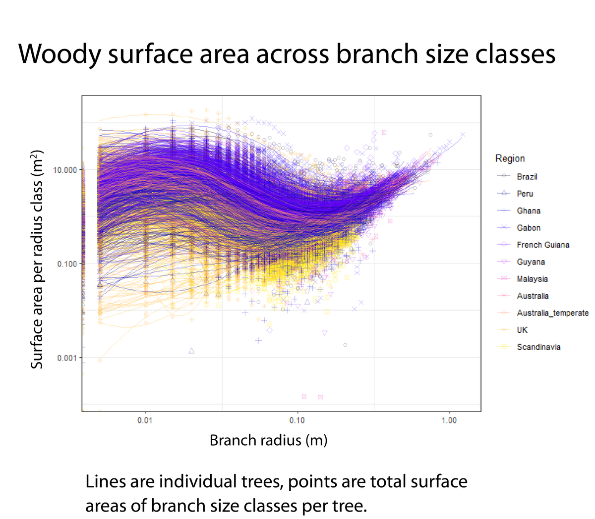 4 |  #TropiCon20 |Small distal branch sections hold disproportionate SA. An inflection is apparent at ~7cm → shift from structural to light foraging function of woody architecture? Validation ongoing.Collabs pt1:  @ymalhi  @mathiasdisney  @kungphil  @kimcalders  @LP_Bentley  @pwmeir