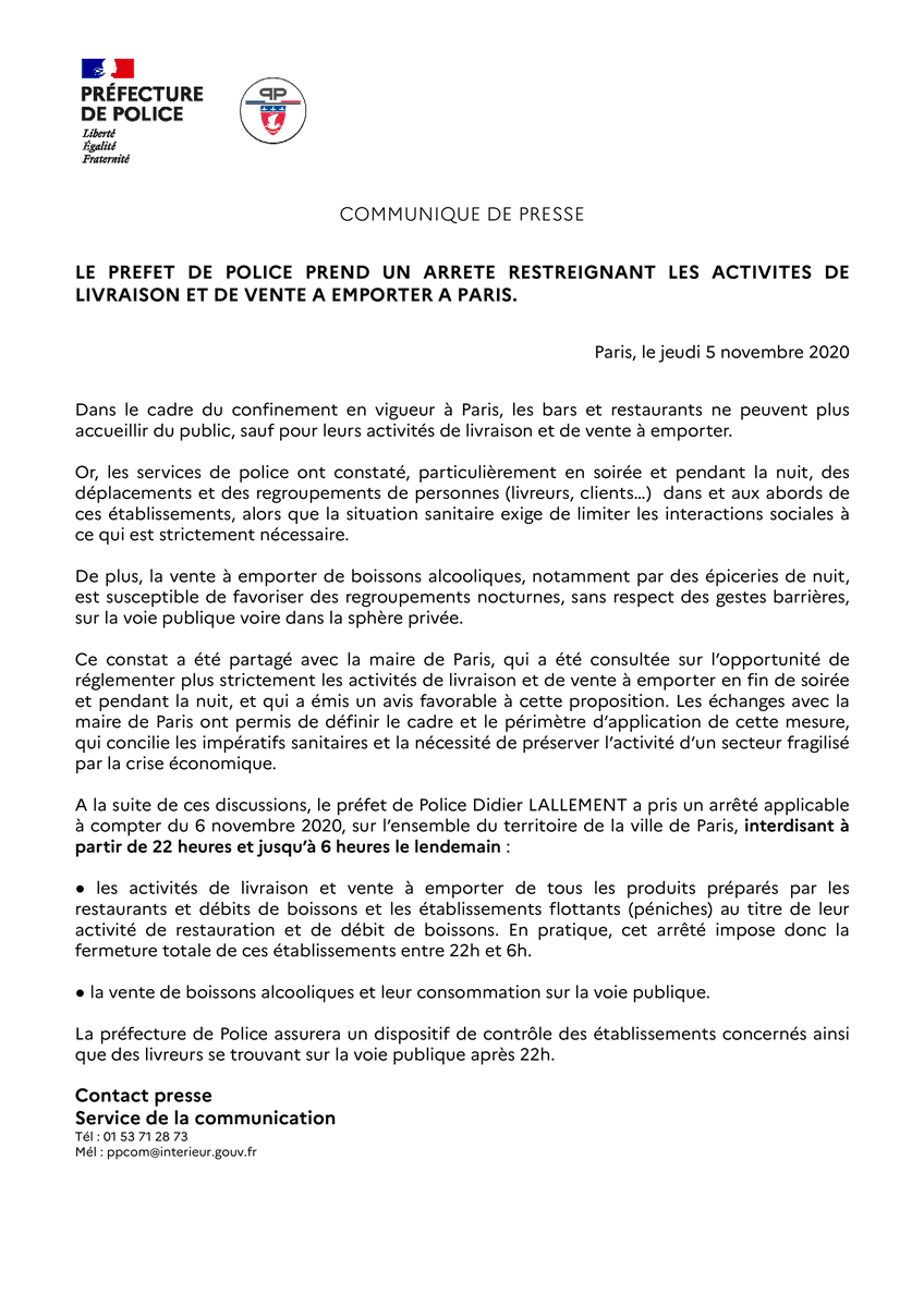 prefpolice's tweet photo. #COVID19 | De nouvelles mesures restrictives entrent en vigueur à #Paris à compter du 06 novembre. Un arrêté restreignant les activités de livraison et de vente à emporter a été pris par le préfet de Police.
👉 Consultez notre communiqué de presse pour plus de détails. https://t.co/YpYeoUnjs8