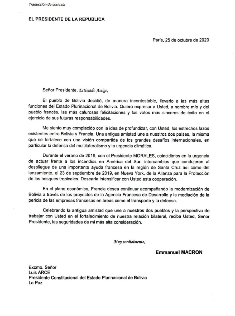 Agradecido con el presidente de la República Francesa <a href="/EmmanuelMacron/">Emmanuel Macron</a> por sus felicitaciones a la victoria incontestable de la democracia en #Bolivia. Vamos a profundizar los proyectos comunes para encarar los desafíos que presentan nuestros países. #VamosASalirAdelante