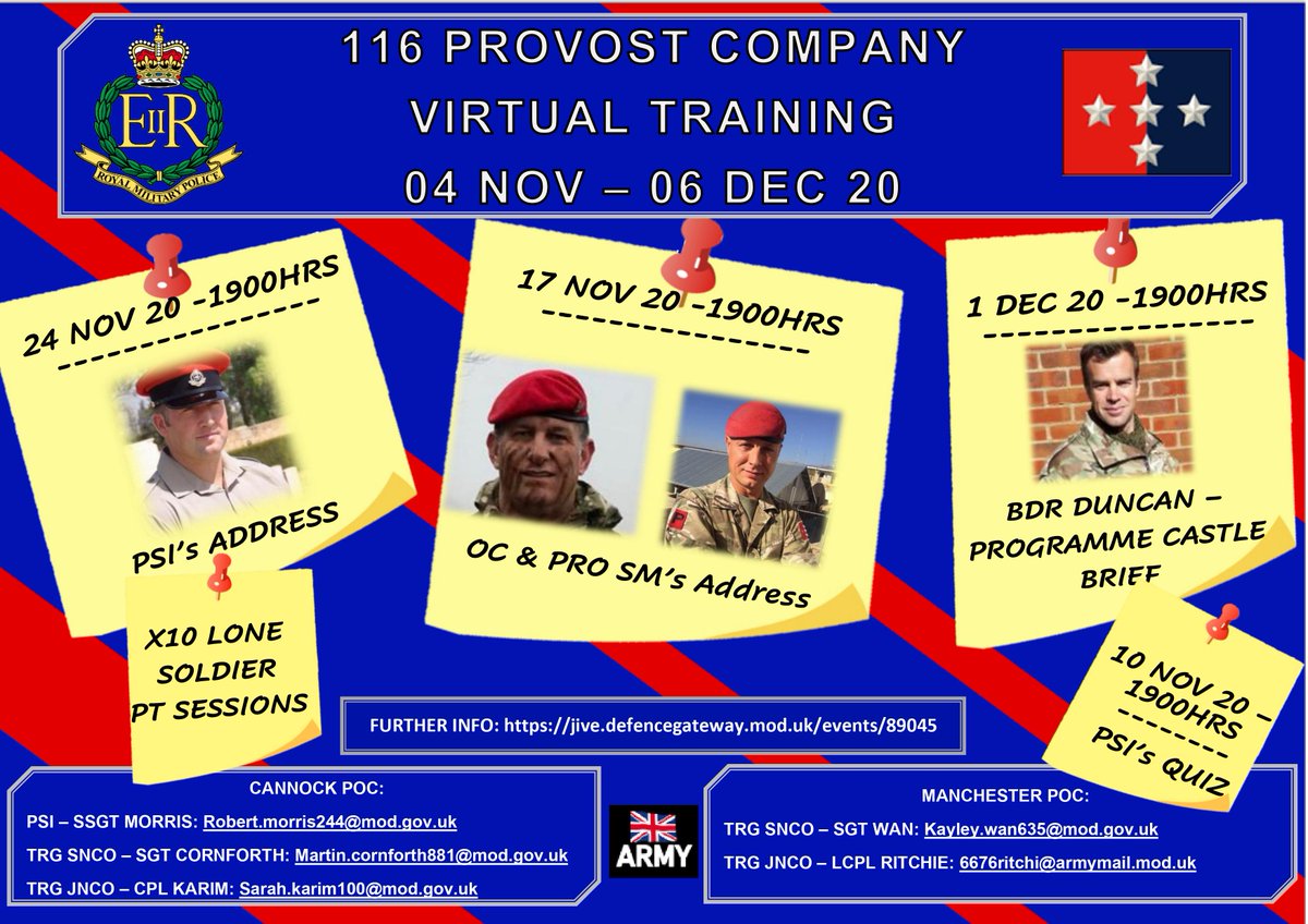 SarahKarim3's tweet photo. We may not be able to run attendance based training for @116procoy at the moment, but the Training Team have put together a great remote package instead!

@RobMorr73452922 @1RegtRMP @1MPBrigade @ArmyWestMids @RecruitmentAgc @AdjutantGCorps @BritishArmy @ArmyDcfa @UKArmyOfficer https://t.co/QsDBf6h3AZ