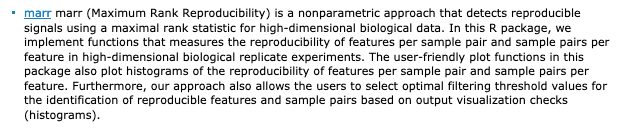 marr from Katerina Kechris and  @ghoshd groupsnonparametric approach that detects reproducible signals using a maximal rank statistic for high-dimensional biological data http://bioconductor.org/packages/release/bioc/html/marr.html