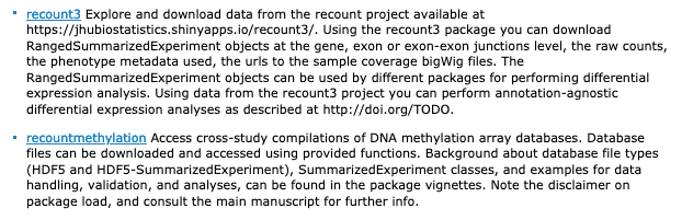 recount3 from  @lcolladotor recountmethylation from Maden, Thompson,  @KasperDHansen  @AbhiNellore great compilation datasets, ready to analyze in Bioc http://bioconductor.org/packages/release/bioc/html/recount3.html http://bioconductor.org/packages/release/bioc/html/recountmethylation.html