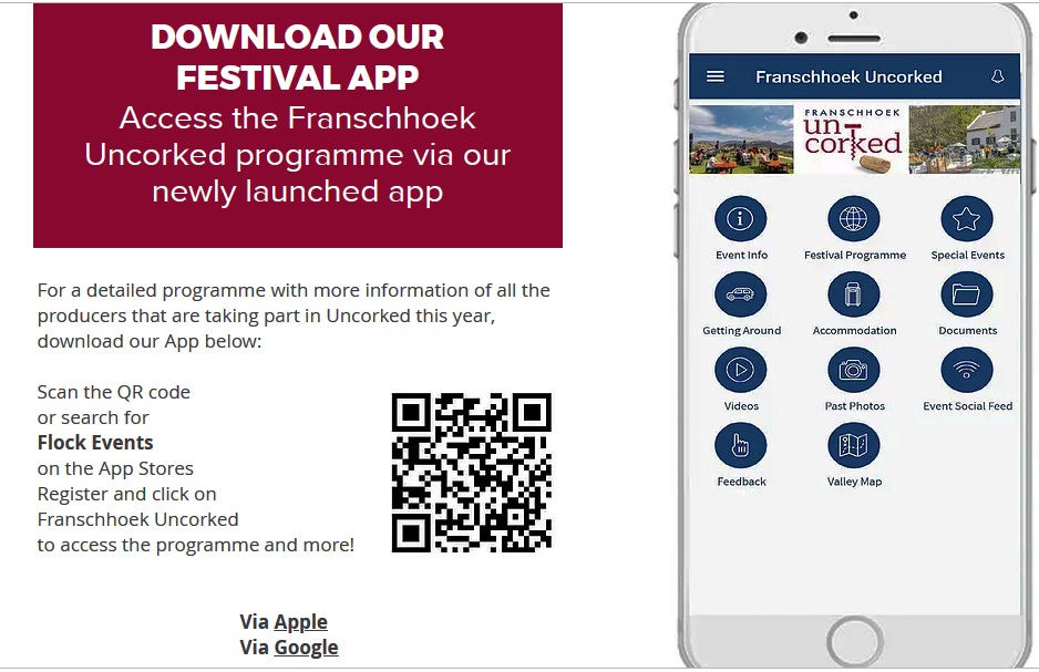 For a detailed programme of this year's Uncorked festival which starts tomorrow and runs till 5pm on Sunday, download our Festival App ... Scan the QR code of search for Flock Events on the App store. <a href="/DNAEventsFest/">DNA Events</a> <a href="/Franschhoek_SA/">Franschhoek Wine Valley</a>