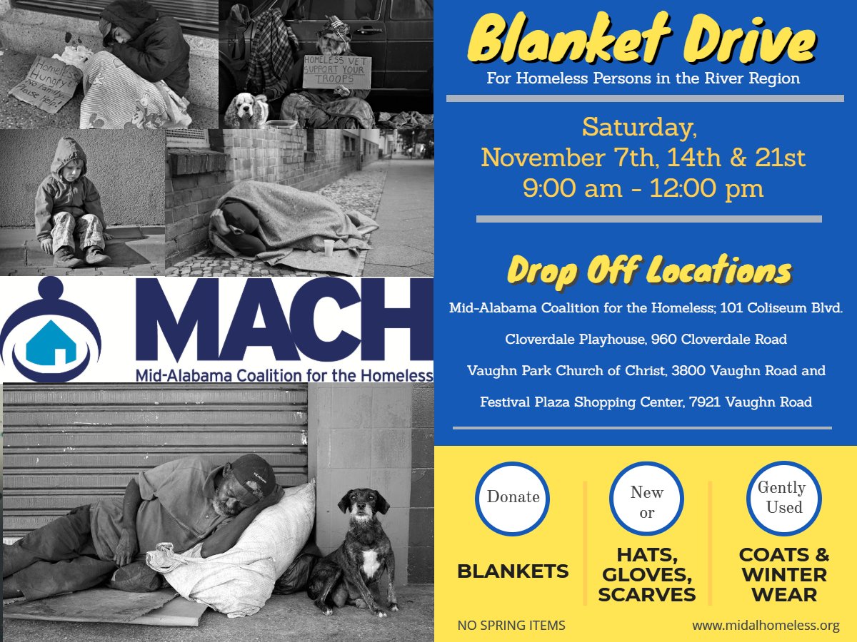 MidALHomeless's tweet photo. Share the warmth!  Donate new and/or gently used winter wear to the River Regions sheltered and unsheltered homeless population.  For more information call 334.261.6182. https://t.co/DlOTyHbzCH