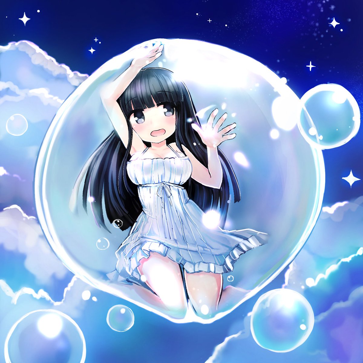 やち Skeb シャボン玉に閉じ込められるシャボン好きの女の子ということで夢の中で包まれながらの夜間飛行です 差分でちょっと表情変えられます リクエストありがとうございました