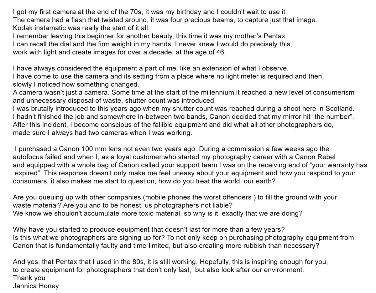 JannicaHoney's tweet photo. Open letter to @CanonUSAimaging @CanonUKandIE
Response on their #Canonsupport #Canon Is this something my fellow photographers that uses #canonphotography have experienced? https://t.co/LVdhBDZPAJ