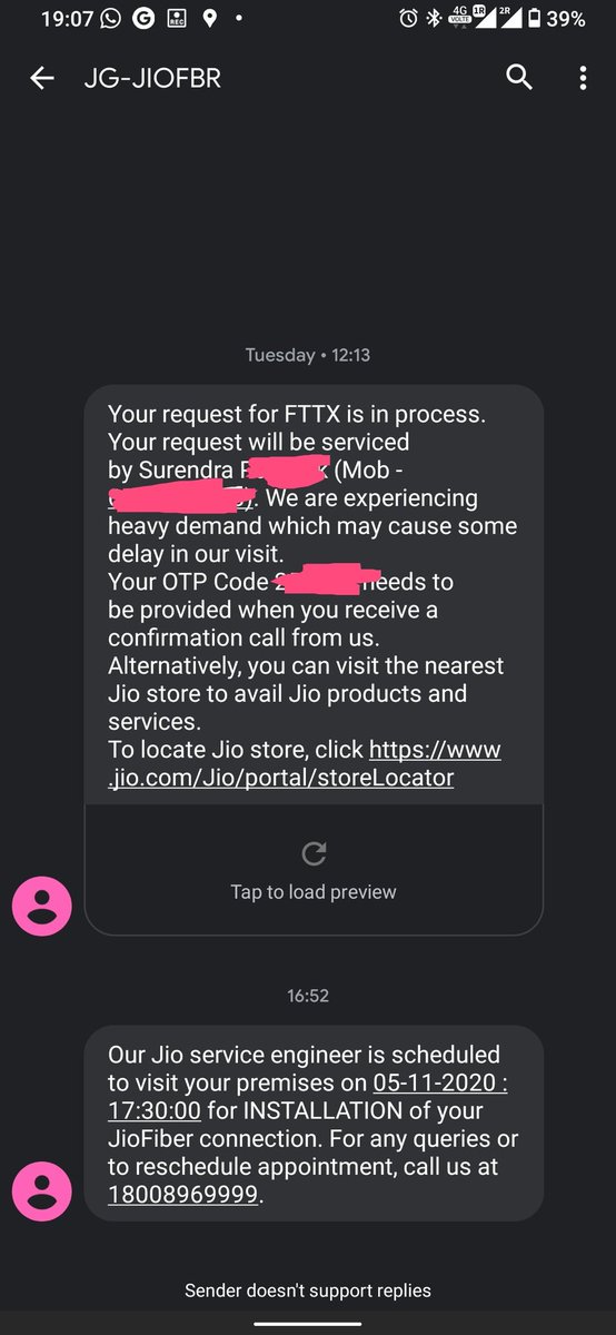 bsl_iisc's tweet photo. @JioCare @reliancejio Applied for fiber connection 3 days back. Got confirmation regarding the installation for Nov 4 and Nov 5 but it never happened. They didn't even have the curtsey to call and inform. #jiodontcare #worstservicejio https://t.co/JTppTMtABq