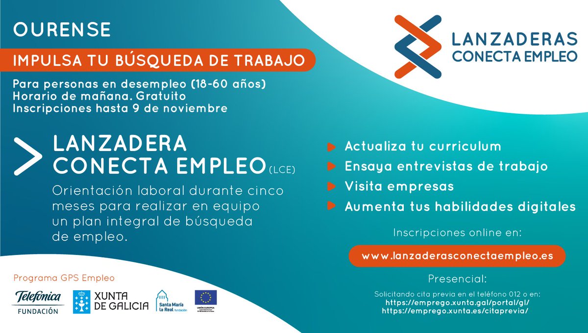 Últimos días para #LanzaderaConectaEmpleo #Ourense.
Enfoca tu #búsqueda de #empleo con éxito (#CV, #entrevistas, #competenciasdigitales y más).
¡¡Anímate a participar!! 
Inscribete en bit.ly/3mWt0rq
<a href="/AreaEmpleoFSMLR/">Área de Empleo e Inclusión Social de FSMLR</a> <a href="/fundacionTef/">Fundación Telefónica</a> <a href="/EU_Social/">EU Social 🇪🇺</a> <a href="/galiciacrece/">Galicia Crece</a> #empleabilidad