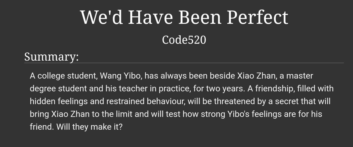 W1Bo_'s tweet photo. ❖ We'd Have Been Perfect ❖

✎ Author:: Code520
✎ Pairing:: lsfy
✎ Length:: chaptered (12 chapters)
✎ Genre:: angst, drama, au-college
⚠ WARNINGS⚠:: non-consent, violence
✎ Rating:: NC-17

✎ Link:: https://t.co/mzgCVL026F https://t.co/fnJB1XyCS2