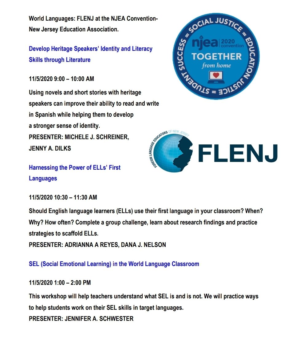 FLENJ's tweet photo. Join @JennyFrancoR & @mjschrein as we kick off our @FLENJ sponsored sessions at 9am TODAY, 11.05.20 @NJEA #NJEAConvention! They'll discuss #interpretivereading of #authres in #heritagelanguage classes! More PD today & tomorrow, we hope to see you there! #TogetherFromHome #njed https://t.co/DcaGzqpkfX
