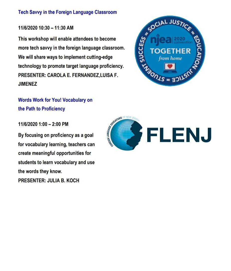 FLENJ's tweet photo. Join @JennyFrancoR & @mjschrein as we kick off our @FLENJ sponsored sessions at 9am TODAY, 11.05.20 @NJEA #NJEAConvention! They'll discuss #interpretivereading of #authres in #heritagelanguage classes! More PD today & tomorrow, we hope to see you there! #TogetherFromHome #njed https://t.co/DcaGzqpkfX