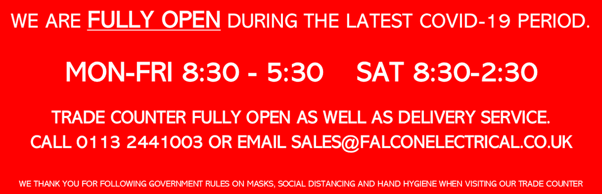 falcon_leeds's tweet photo. Thanks for your support, we're able to remain open for trade counter as well as delivery. Please comply with rules on masks, distancing and hand hygiene and we will all get through this latest lockdown together. https://t.co/CS9jPqEdOF