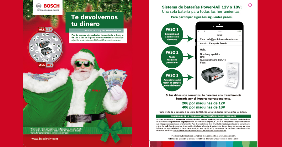 PROMOCIÓN NAVIDEÑA DE Bosch DIY and Garden🟢🔴

Por la compra de cualquier herramienta a batería de 12V o 18V de la gama Home &amp; Garden de bricolaje o jardín te devuelven 20€ o 40€ respectivamente.

*Válida hasta el 8 de enero de 2021.

Para participar sigue los pasos⬇️