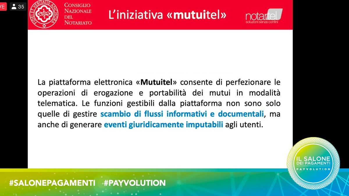 Payvolution's tweet photo. LA SPINTA DIGITALE DALLA PANDEMIA: LA TECNOLOGIA COME OPPORTUNITÀ PER LA CREAZIONE DI SERVIZI DIGITALI EVOLUTI.
Come la #digitalizzazione può ottimizzare la gestione del #mutuo, sia per la banca che per il notaio. Michele Gentilucci di #Notartel.
#salonepagamenti #payvolution https://t.co/fVFuU6mDHk