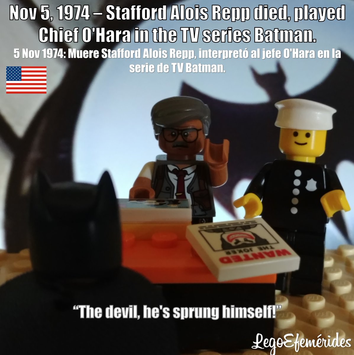legoefemerides's tweet photo. #Nov5 #1974 - #StaffordRepp died, played #ChiefOHara in the TV series #Batman
#5Nov 1974: Muere Stafford Alois Repp, interpretó al jefe #OHara en la serie de #TV Batman.
The #devil, he is sprung himself!
---
#DC #LegoDC #joker #comissionergordon #legobatman …
#Minifigur https://t.co/lmiUl2LR57