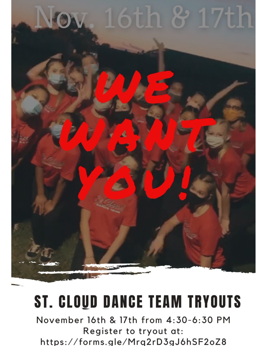 ISD742's tweet photo. The St. Cloud Dance Team wants you to join their team! Tryouts are Nov. 16 and 17 at 4:30 p.m. Register now! https://t.co/ffMg51rb97