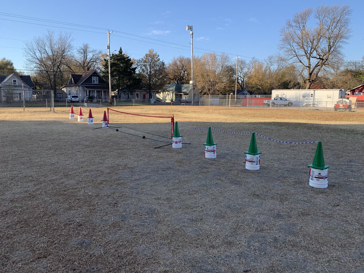 CoachHudson253's tweet photo. Sometimes you have to improvise! Buckets, cones and jump ropes to make a net! Teaching a striking unit using short handled implements! #emporiaproud #PhysEd #physicaleducation #makeanimpact https://t.co/oHhRJods8s